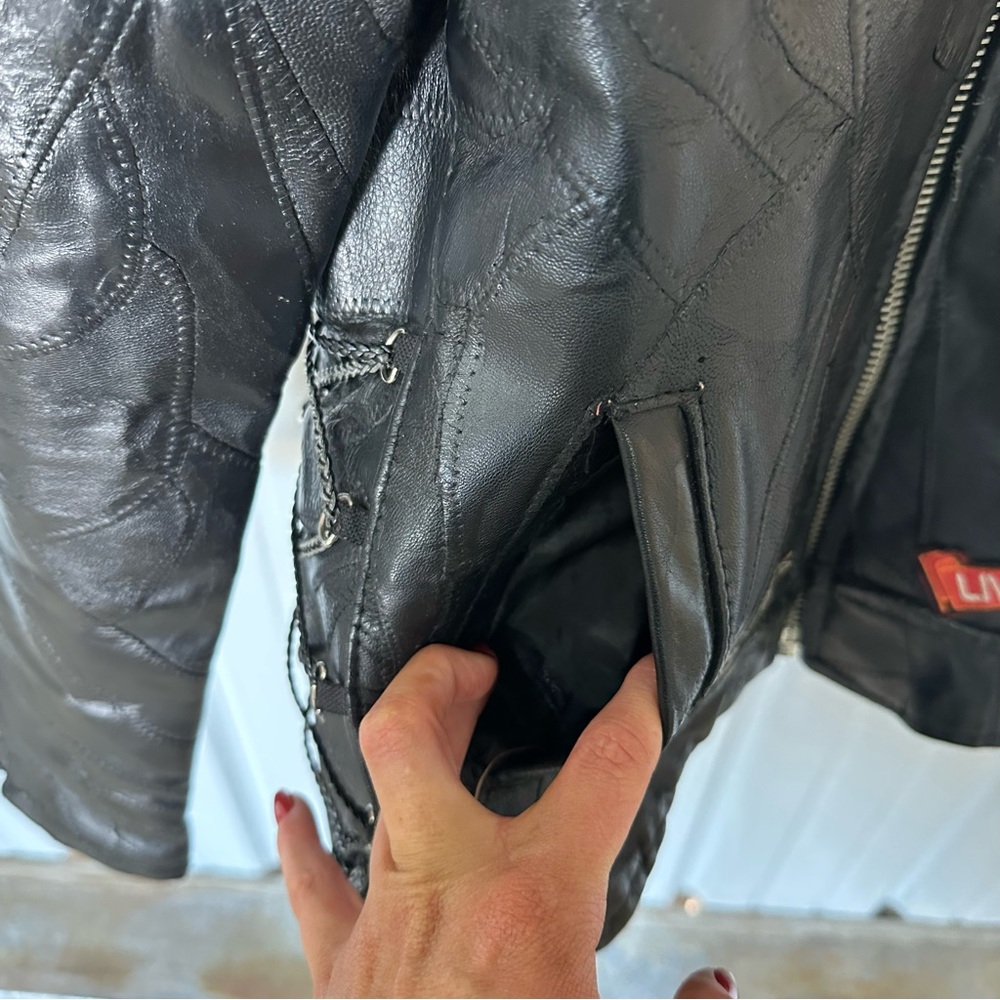 Vintage Mens Diamond Plate Buffalo Motorcycle Black Leather Patch Jacket Medium - Picture 7 of 10